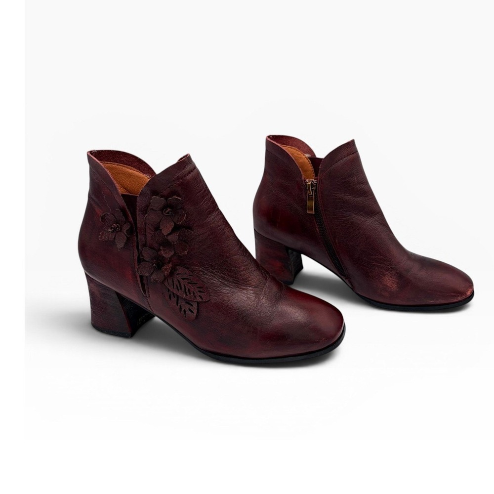 L'Artiste Spring Step Ankle Boots 37 Boho Floral Burgundy Leather Block Heel Zip